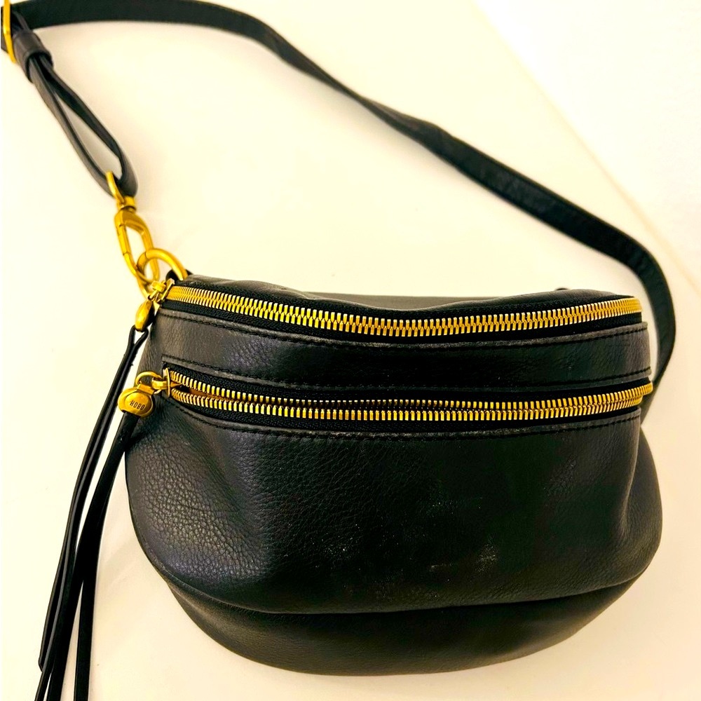 HOBO Black Leather Crossbody Bag with Gold Zippers